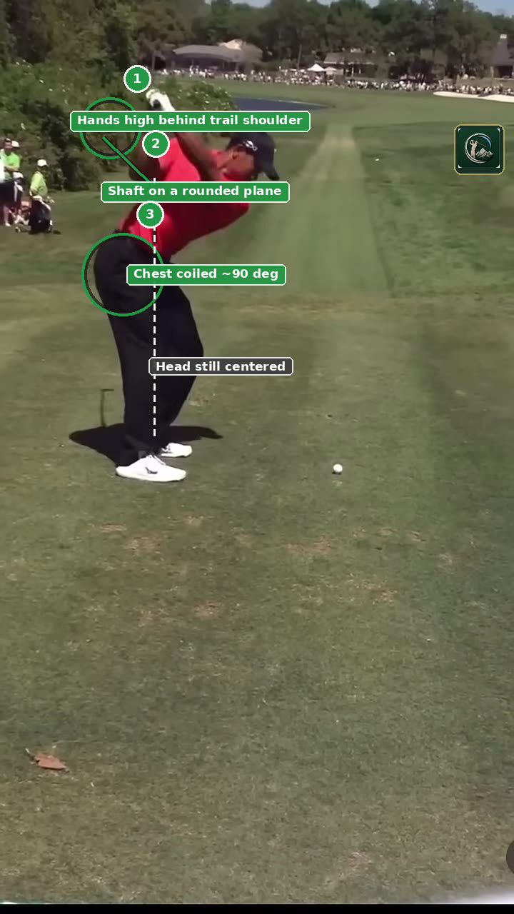 Annotated top of backswing frame for Tiger Woods